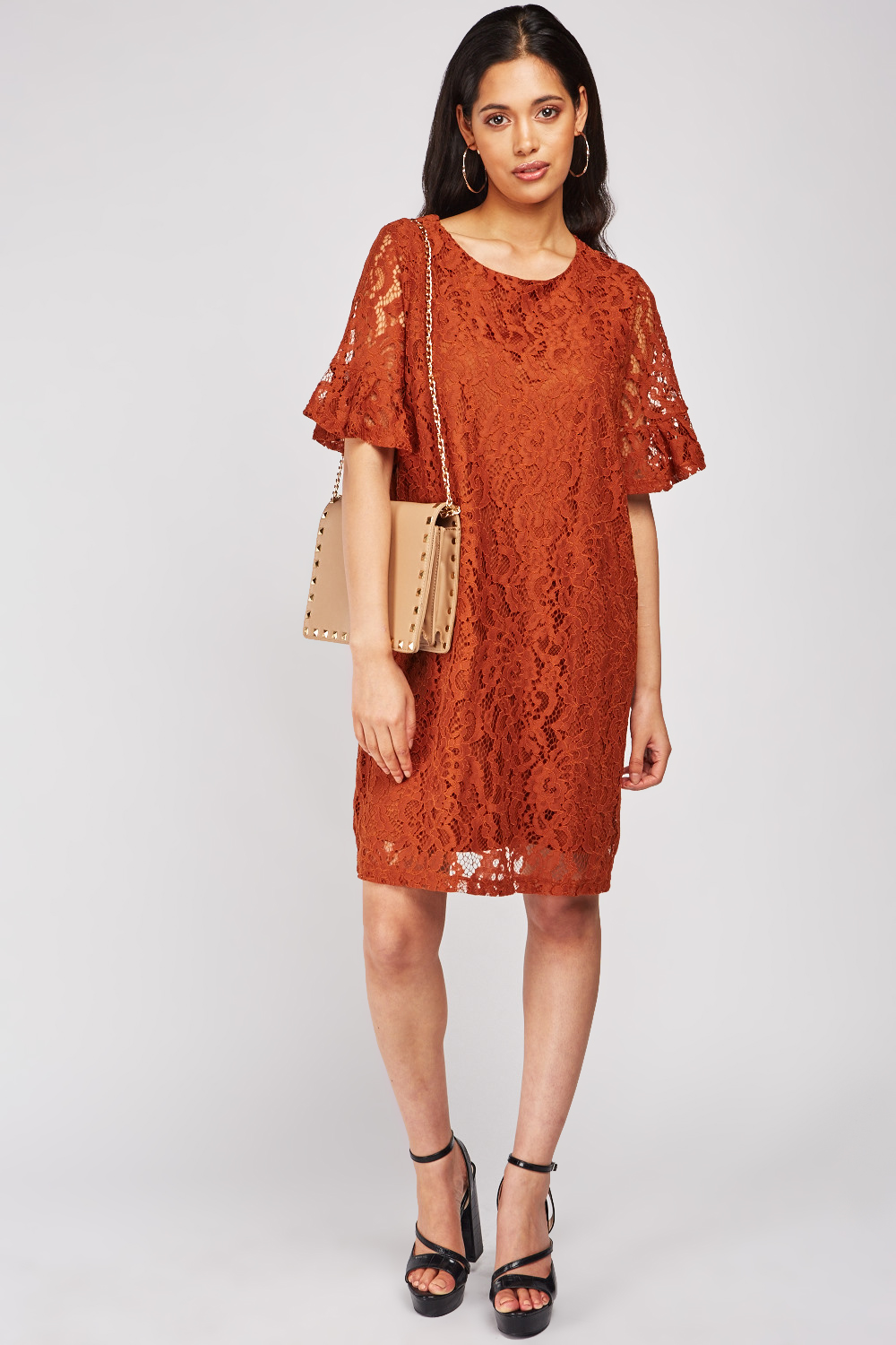 Frilly Sleeve Brown Lace Dress - Just $7