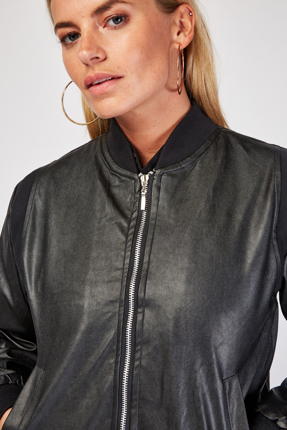 Ribbed Trim PVC Leather Jacket - Just $7