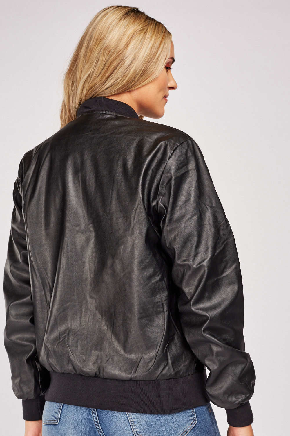 Faux Leather Contrast Bomber Jacket - Just $7