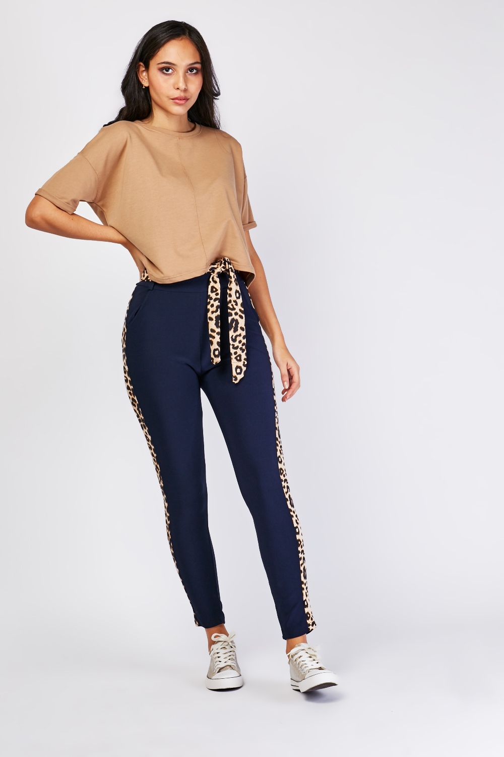 black trousers with leopard print stripe