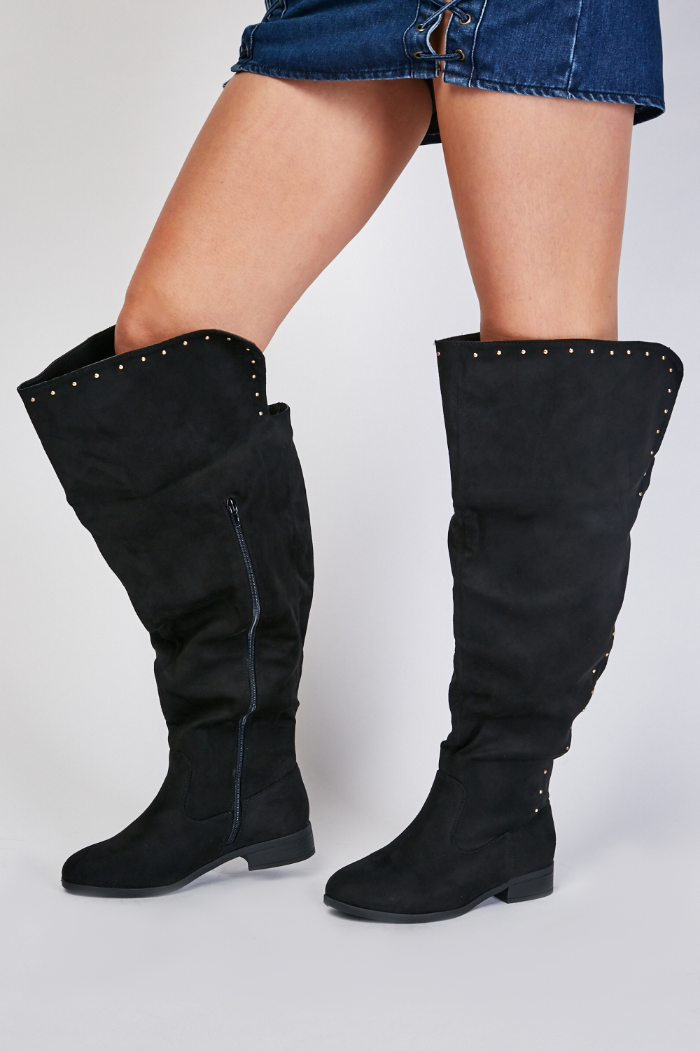 Suedette Studded Knee High Boots - Just $7