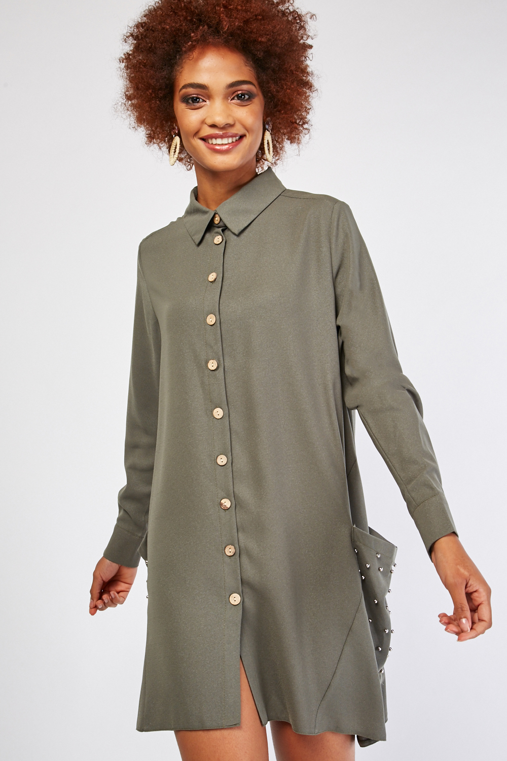 Beaded Pocket Button Up Shirt Dress - Just $7