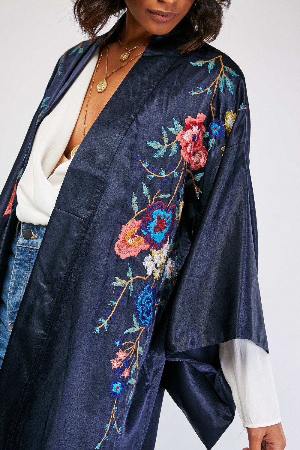 Flower Embroidered Sateen Kimono - Just $7