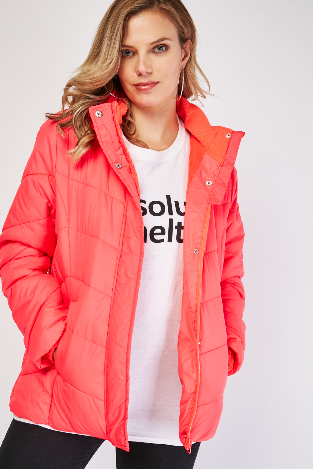Neon Coral Quilted Hooded Jacket - Just $7