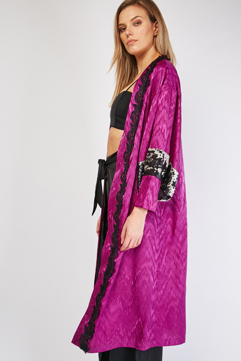 Sequin Sleeve Panel Long Line Kimono - Just $6