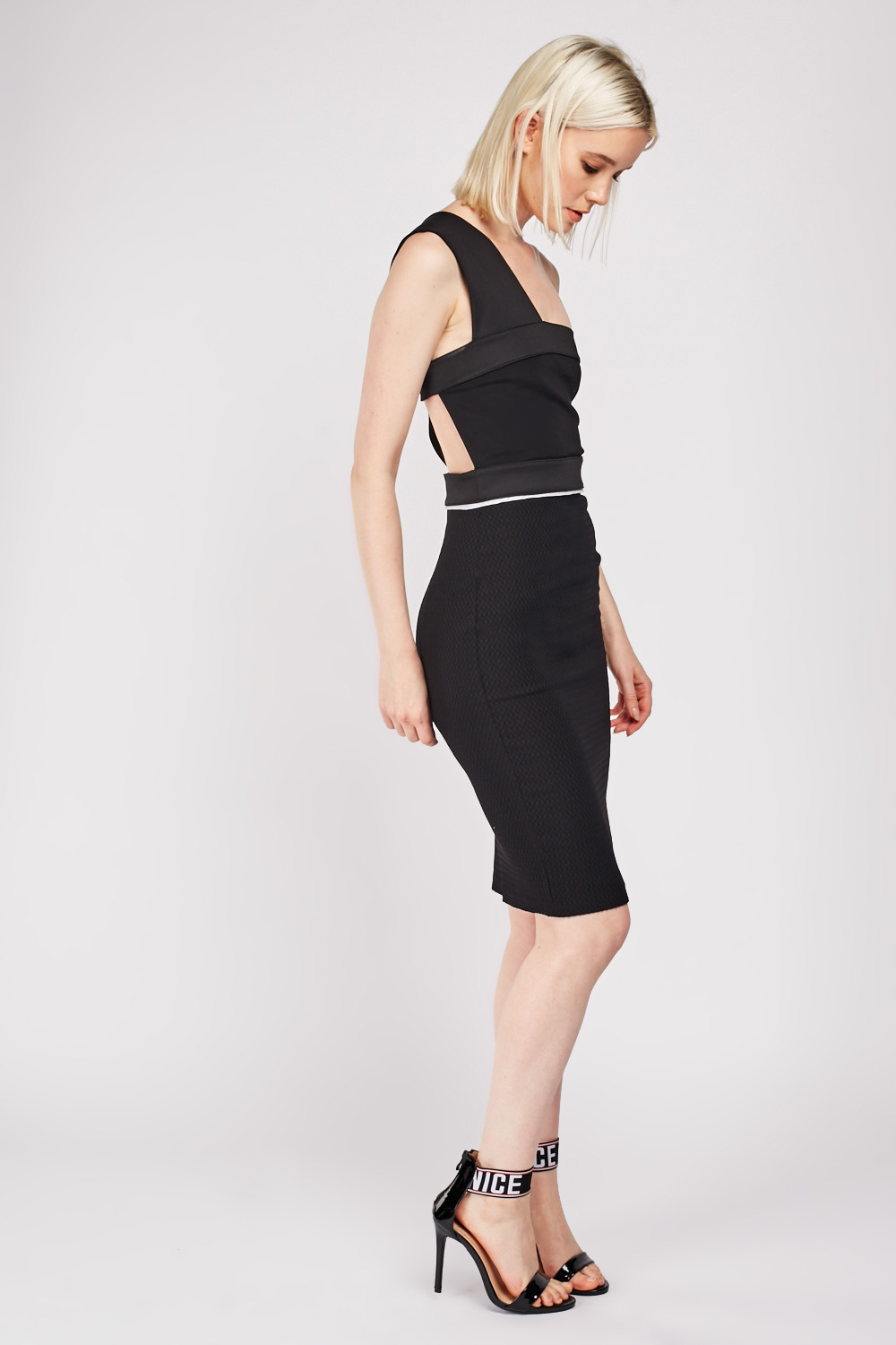 Textured One Shoulder Pencil Dress - Black - Just $6