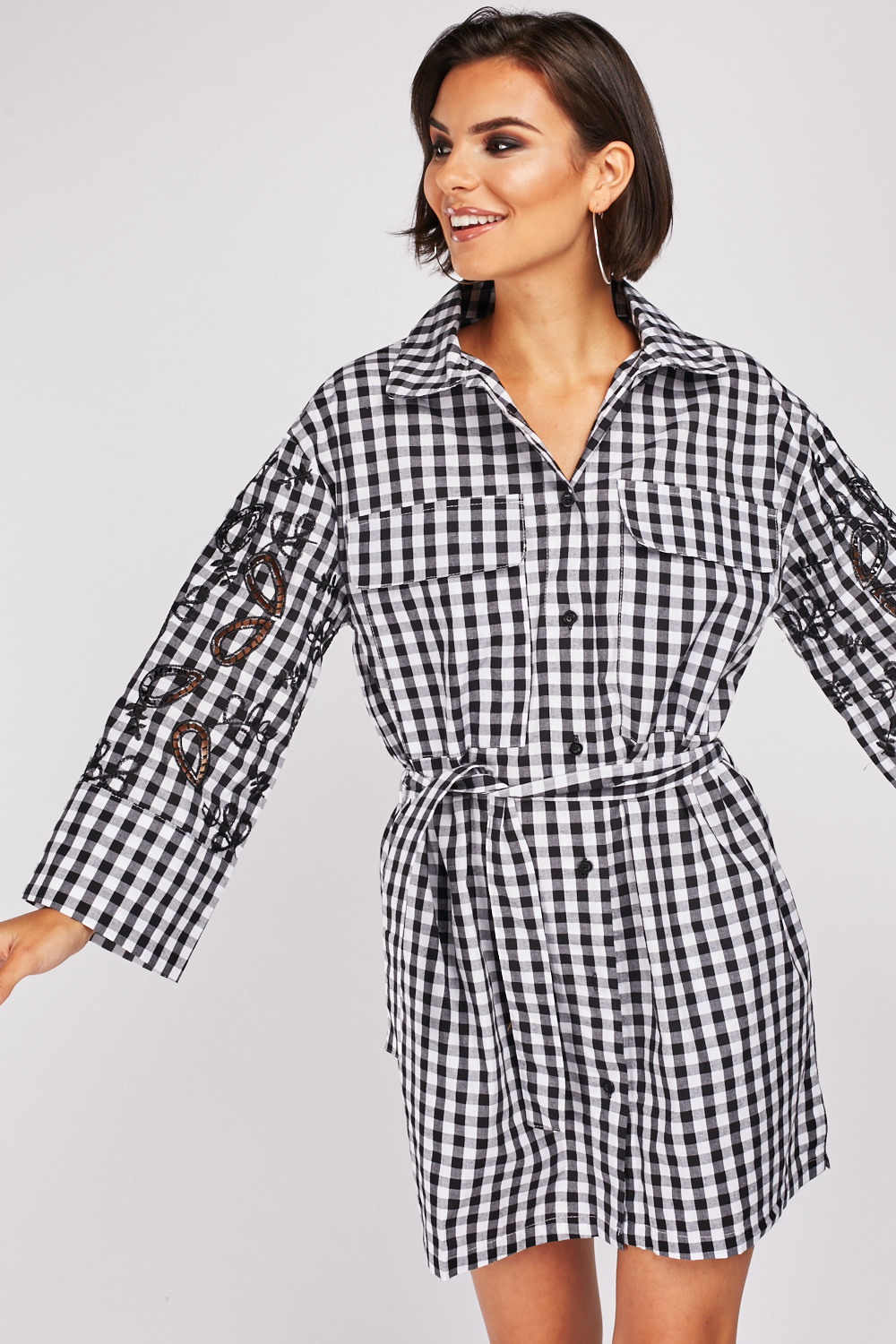 Embroidered Sleeve Checkered Dress - Just $7