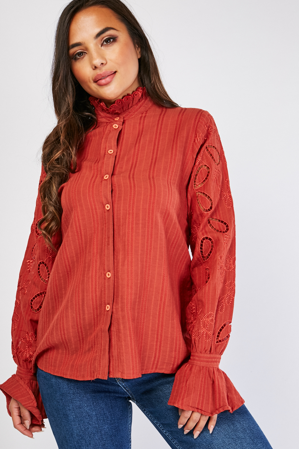 Embroidered Ruffle Sleeve Blouse - Just $3