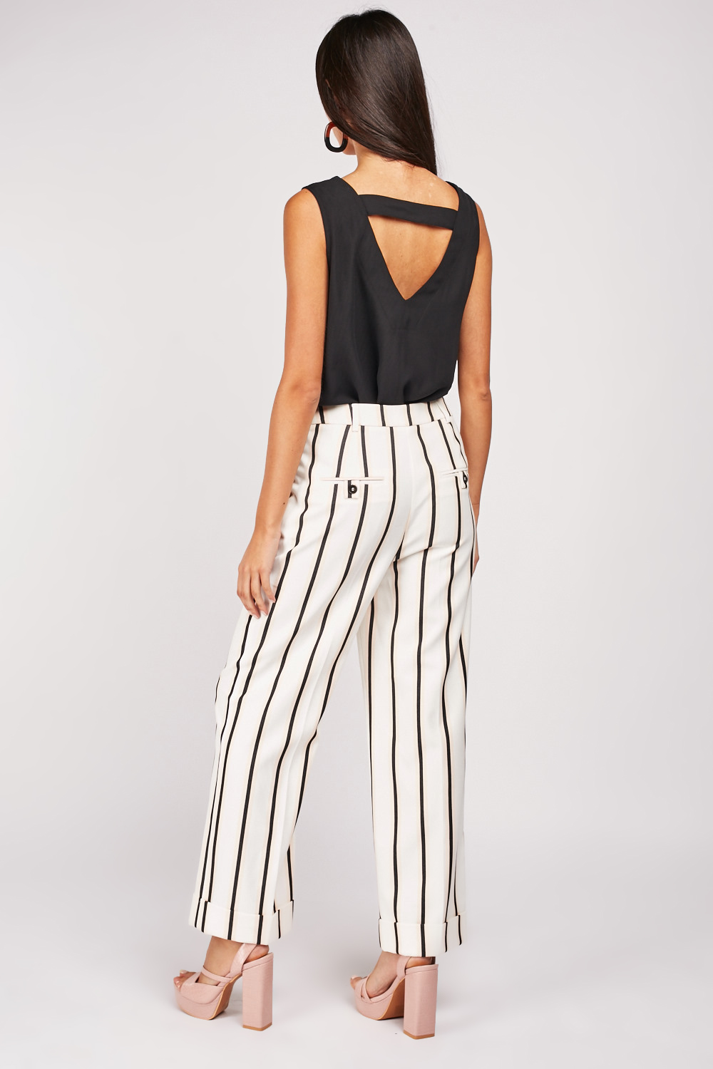 Straight Cut Striped Trousers - Off White/Multi - Just $6