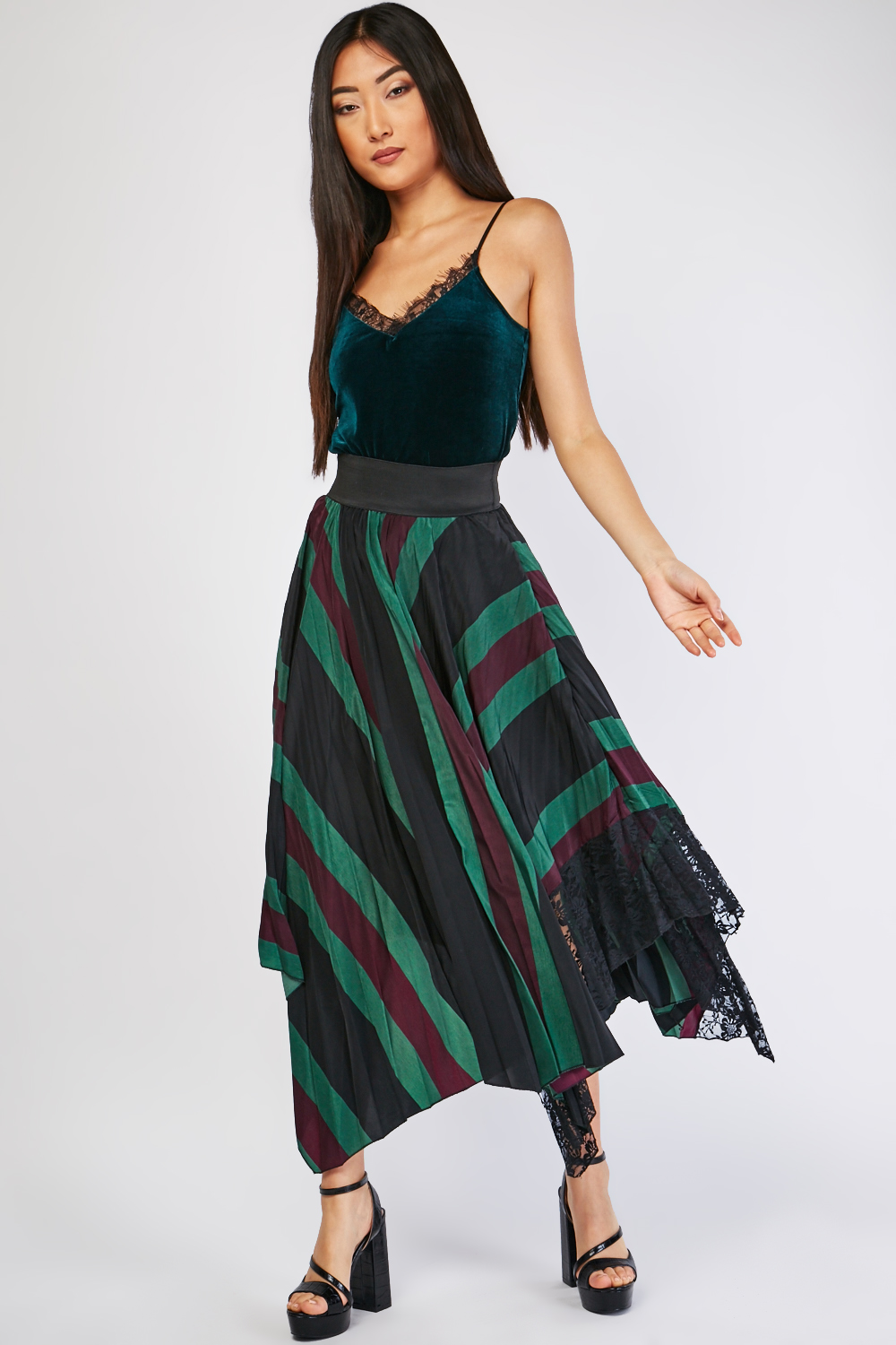 Striped Pleated Asymmetric Skirt - Just $7