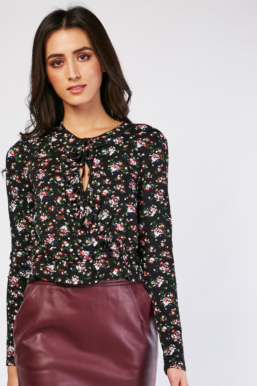 Ruffle Floral Print Wrap Top - Just $3