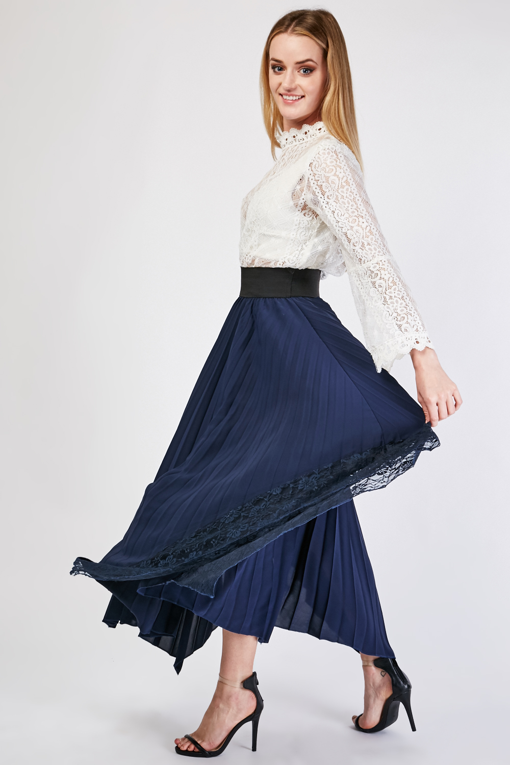 Lace Trim Maxi Pleated Skirt - Just $7