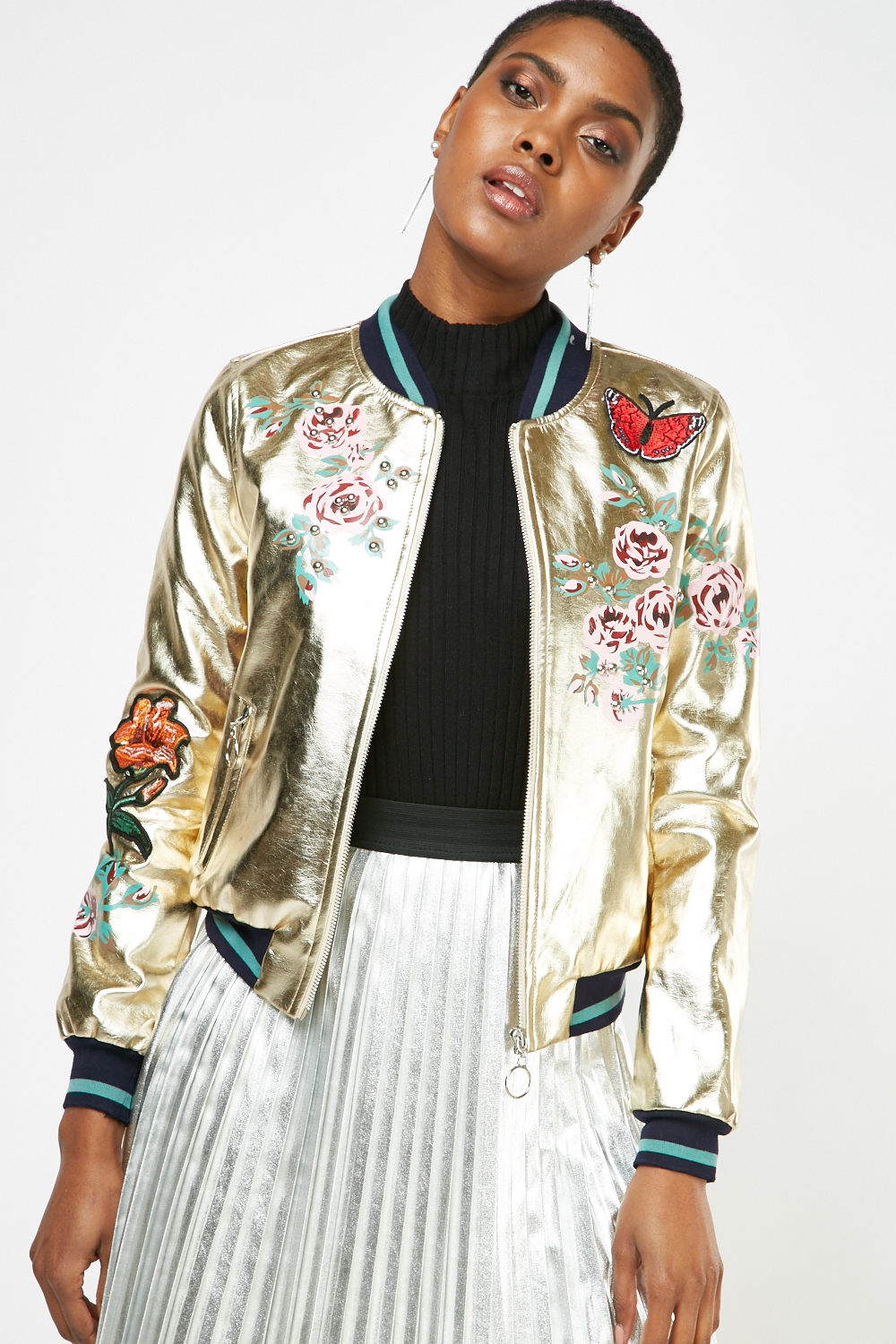 Download Metallic Flower Applique Bomber Jacket - Just $6