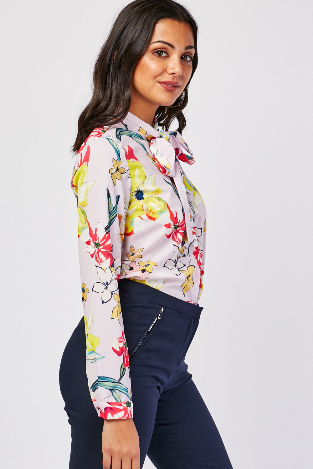 Tie Up Neck Front Floral Blouse - Light Pink/Multi - Just £5