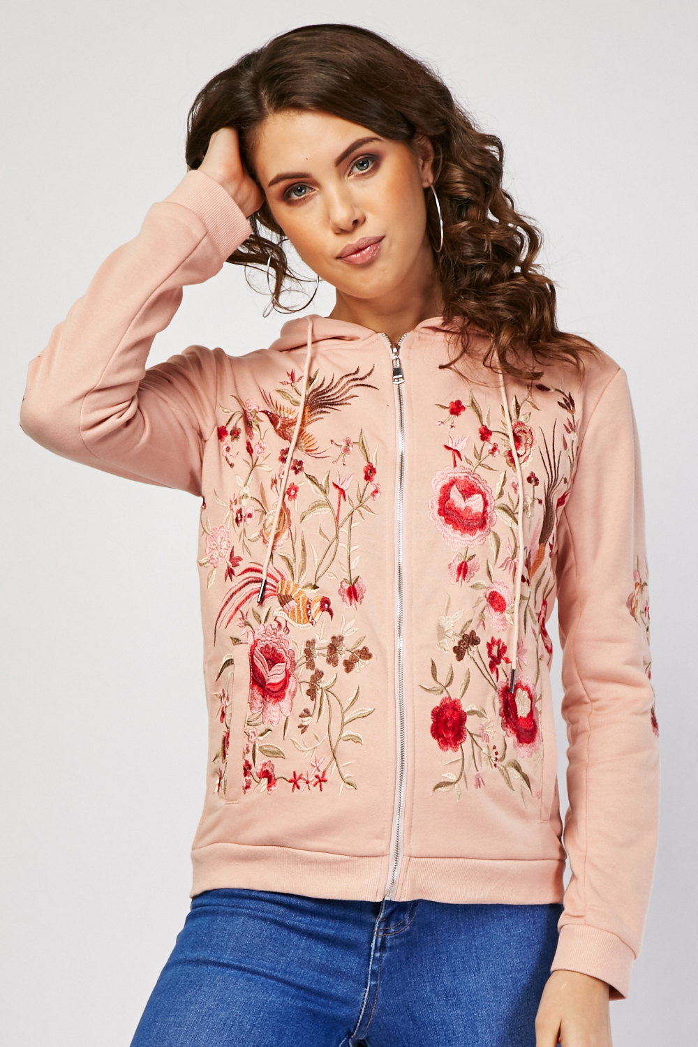 Embroidered Flower  Zip  Up  Hoodie  Just 7