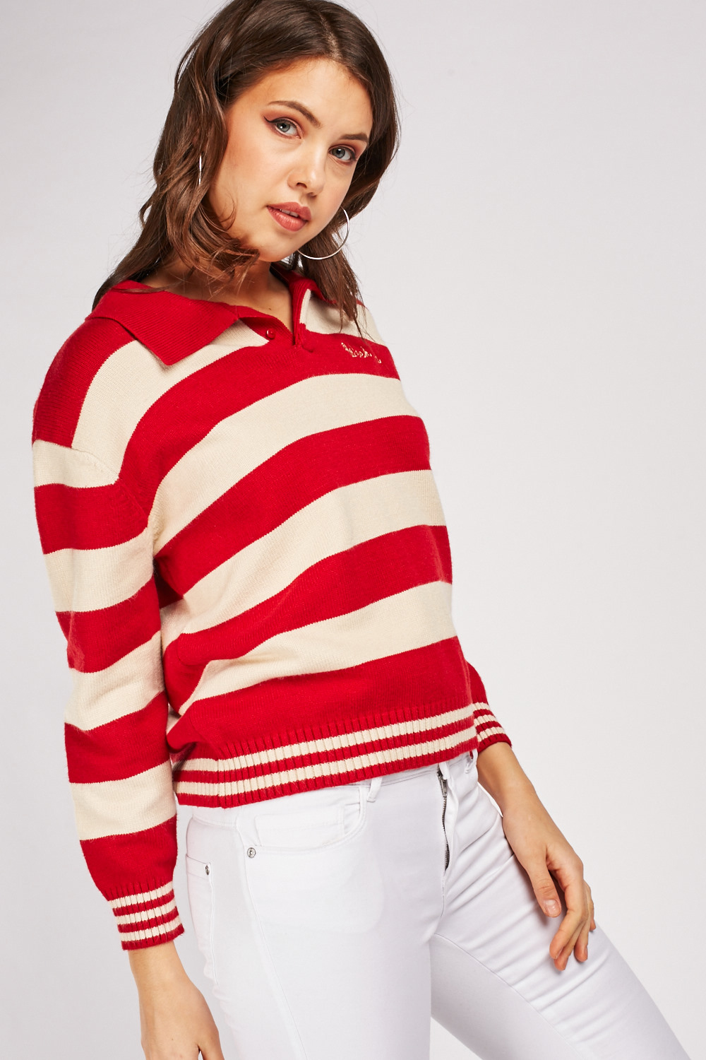 Chunky Striped Collared Jumper - Red/Cream - Just $6