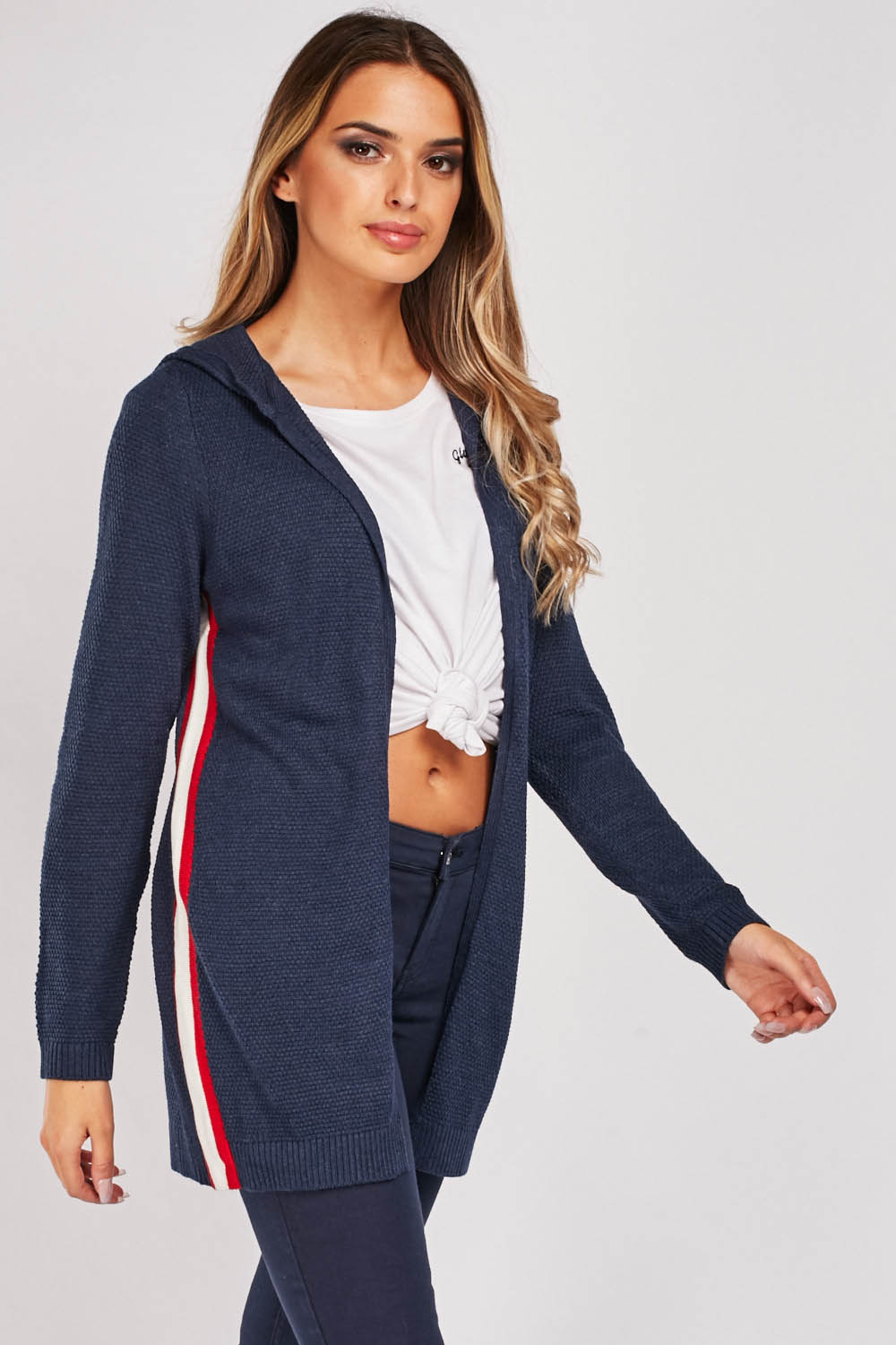 Hooded Cardigan With Stripe Side - Just $7
