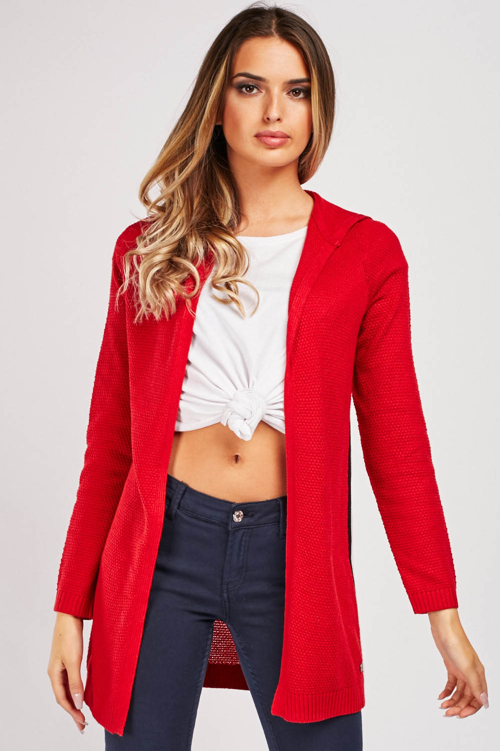 red hooded cardigan