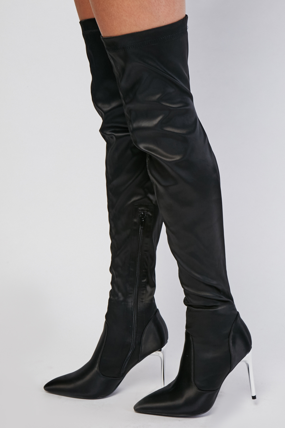Black Thigh High Sateen Boots - Just $7