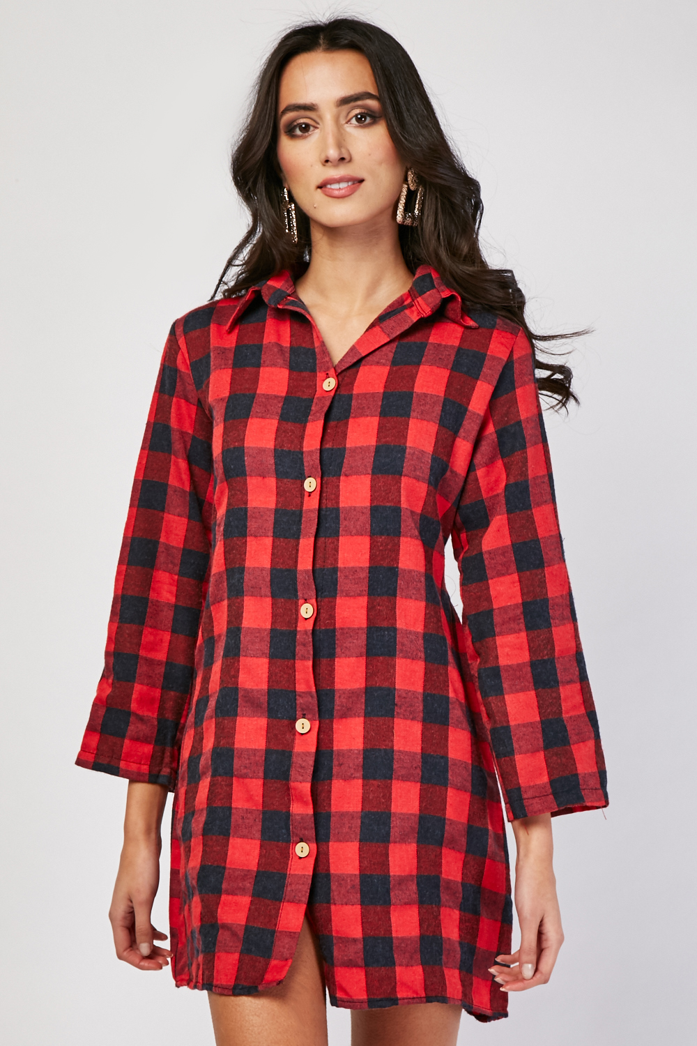Button Front Checkered Shirt Dress - Just $7