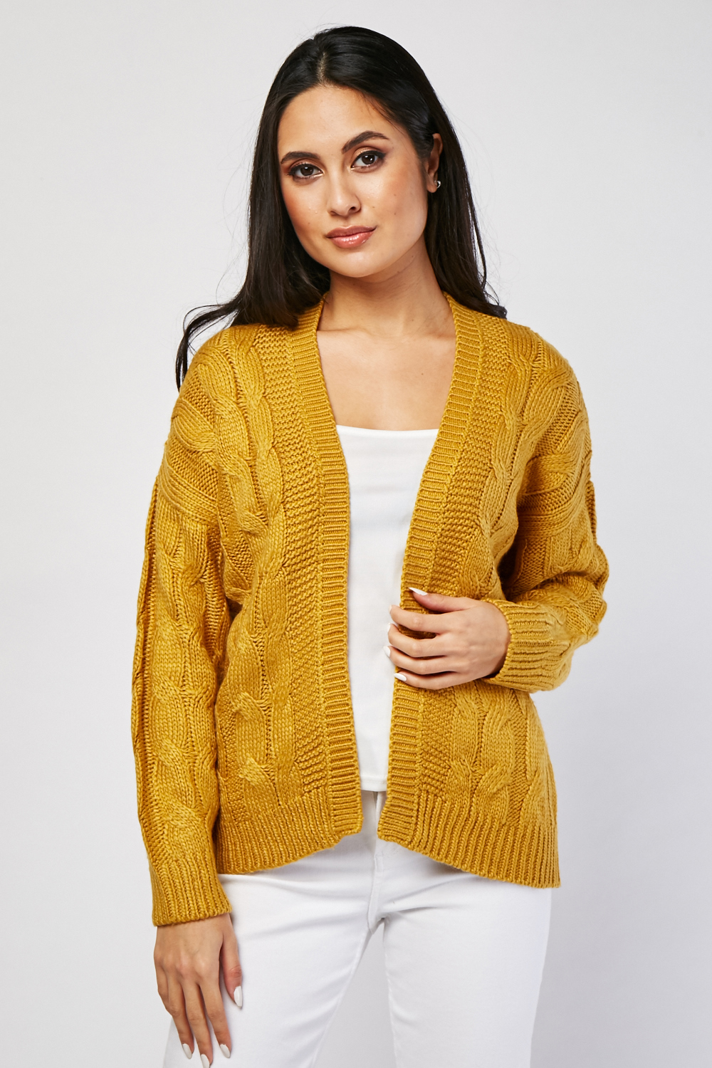 Chunky Cable Knit Cardigan - Mustard - Just $6