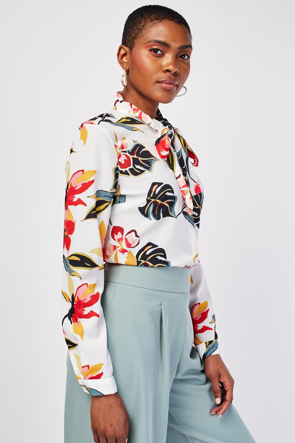 Floral Palm Printed Blouse - Off White/Multi - Just $6