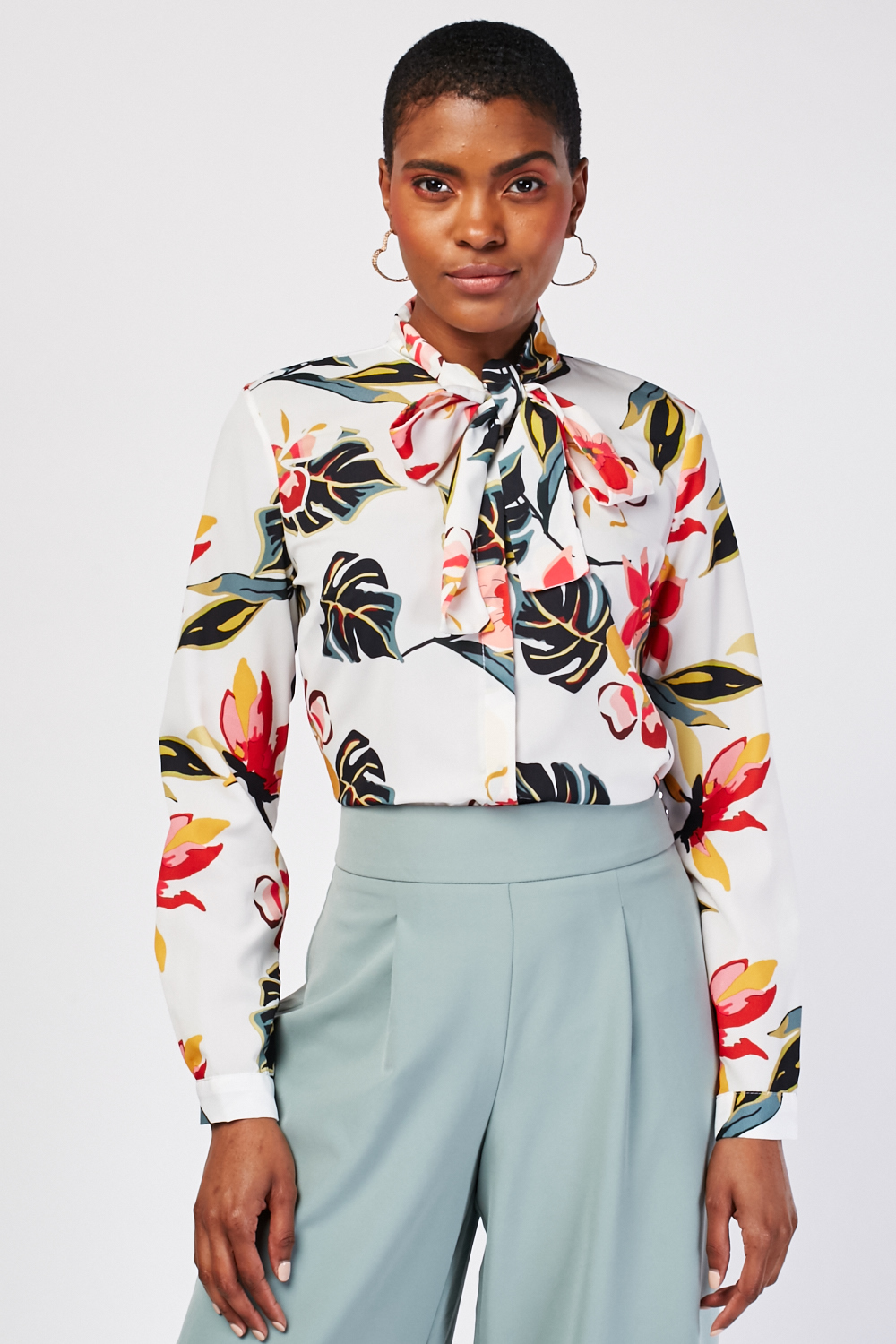 Floral Palm Printed Blouse - Off White/Multi - Just $6