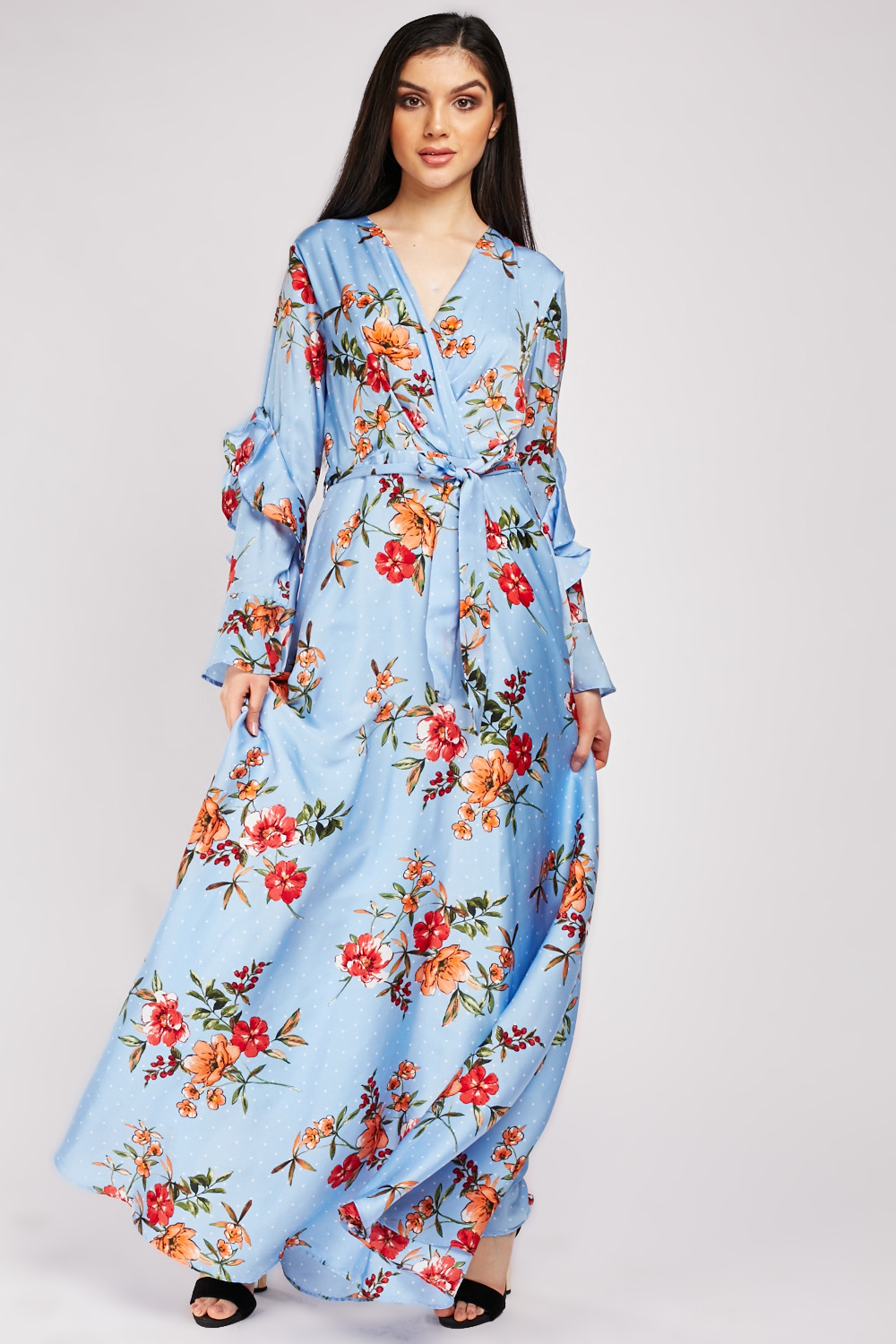 Ruffle Floral Sleeve Maxi Dress - Just $6