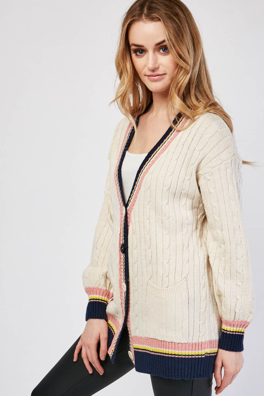 Striped Contrast Chunky Cable Knit Cardigan - Black/Multi - Just $6