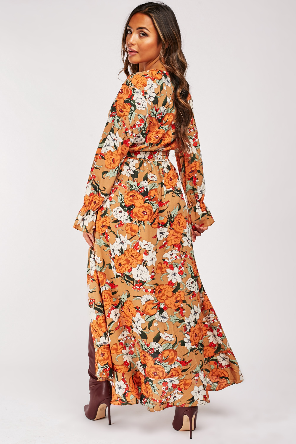 Floral Print Ruffle Wrap Maxi Dress ...