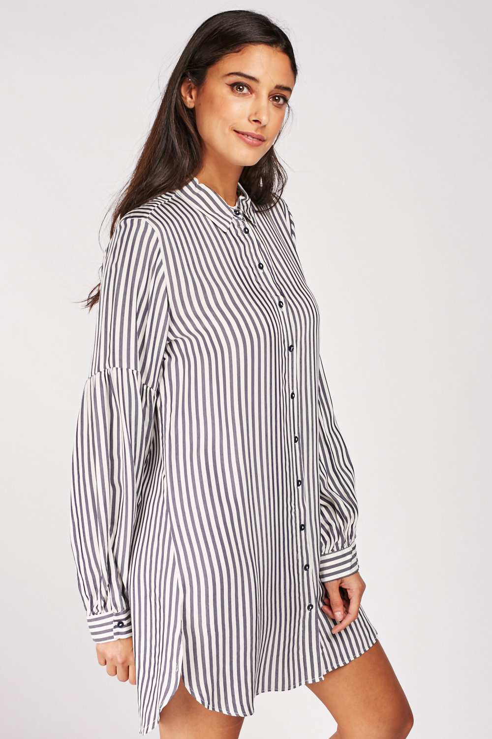 Gathered Sleeve Striped Shirt Dress - Just $7