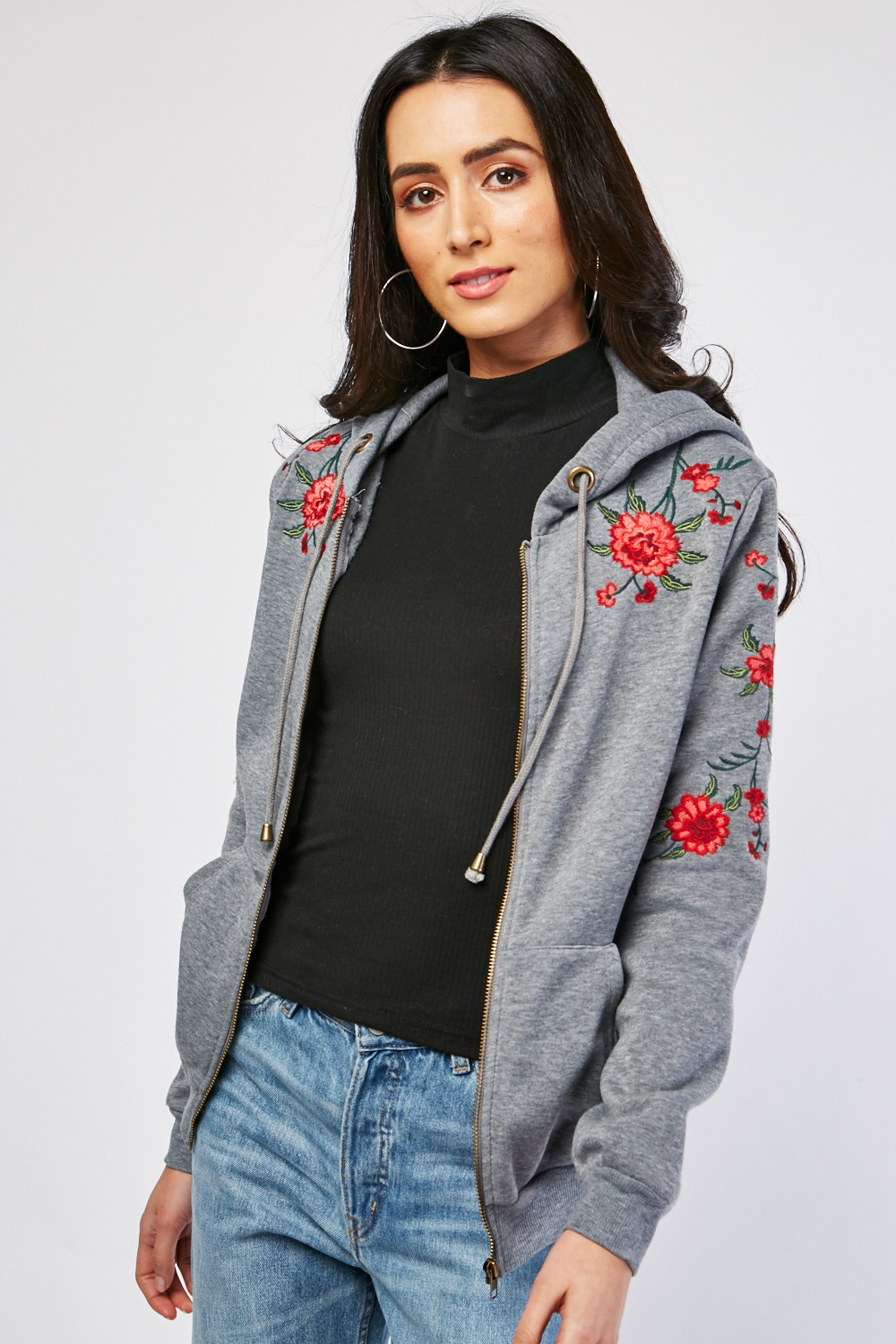 Embroidered Rose Hooded Jacket - Just $7