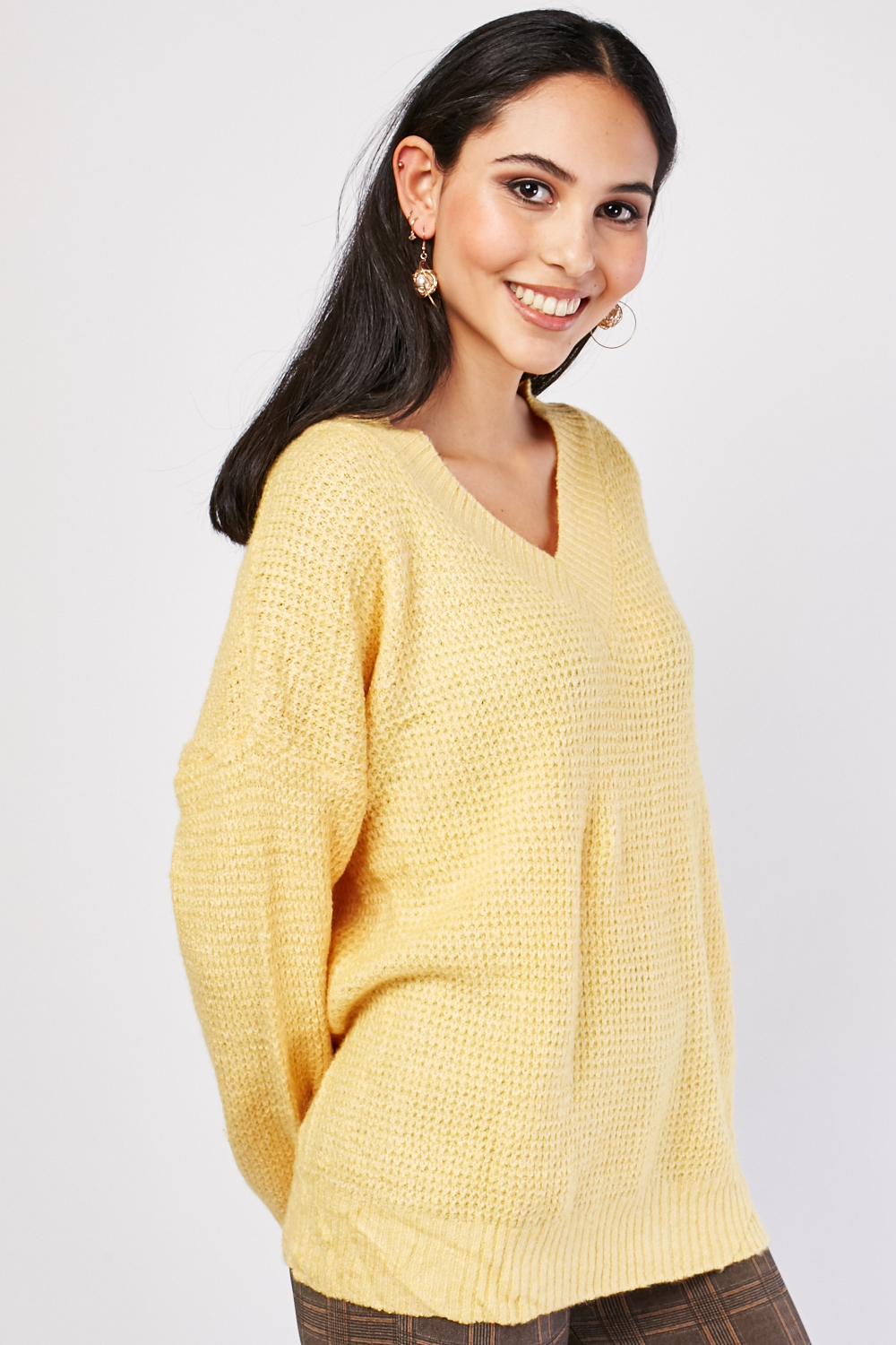 V-Neck Slouchy Knit Jumper - Mauve or Yellow - Just $6